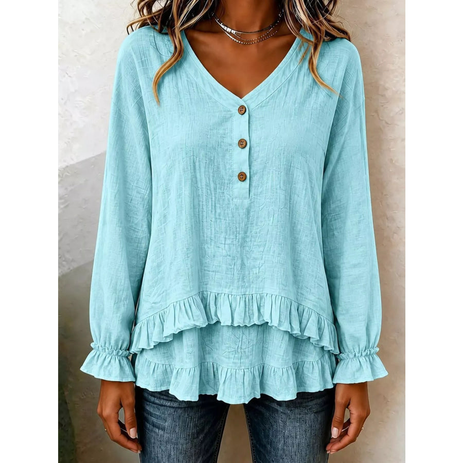 V-Neck Long Sleeve Button Detail Ruffled Hem Blouse Green / S Apparel and Accessories