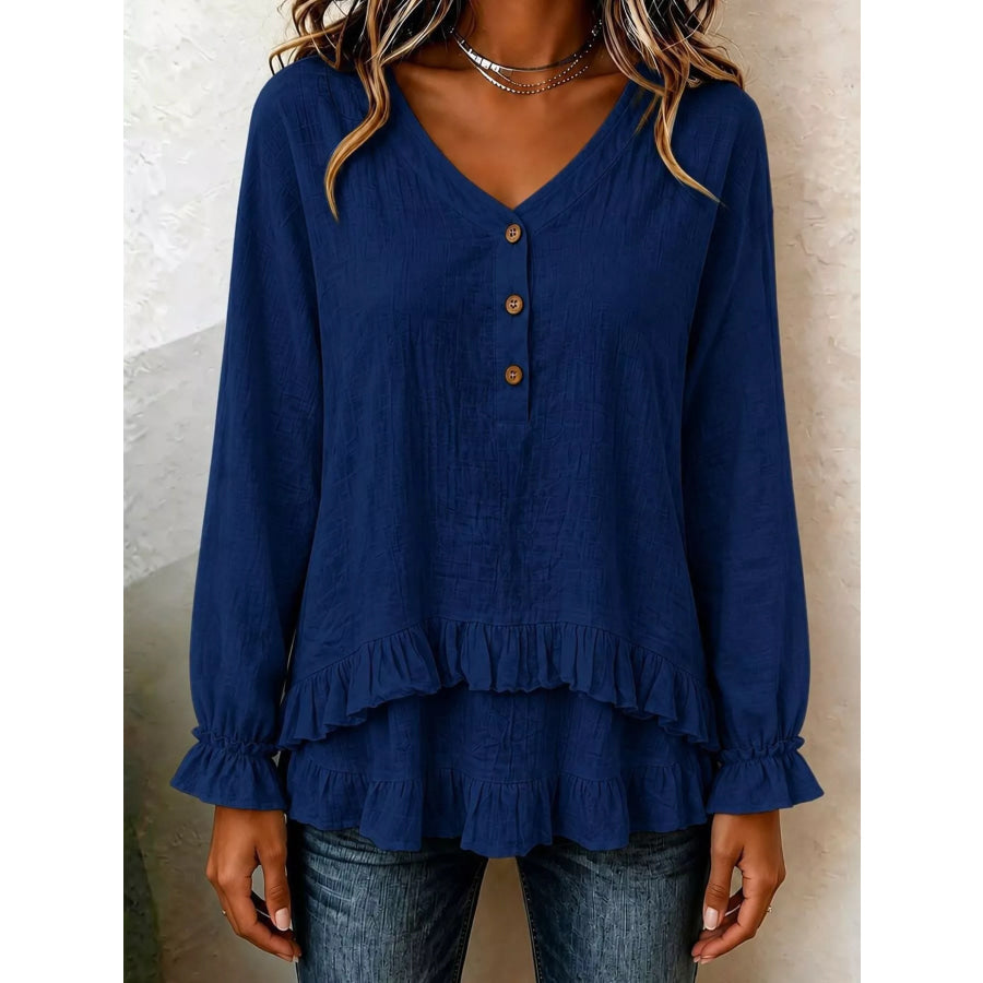 V-Neck Long Sleeve Button Detail Ruffled Hem Blouse Navy / S Apparel and Accessories