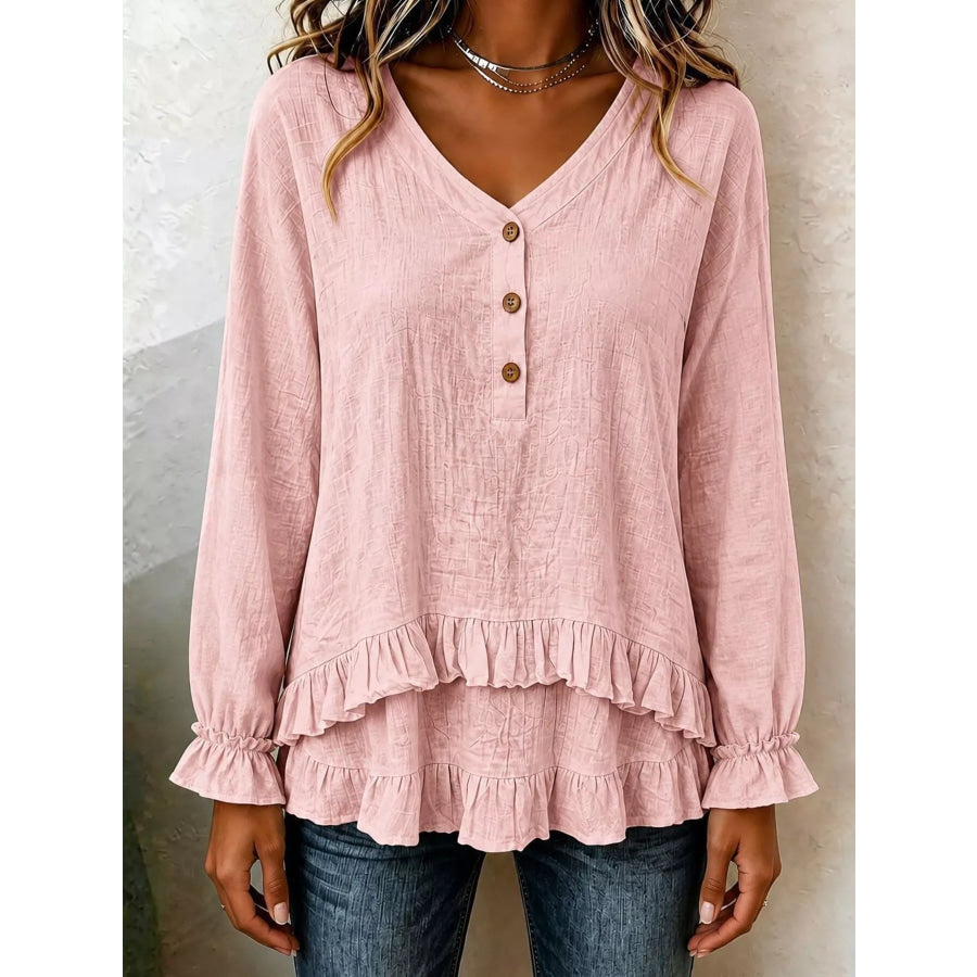 V-Neck Long Sleeve Button Detail Ruffled Hem Blouse Pink / S Apparel and Accessories