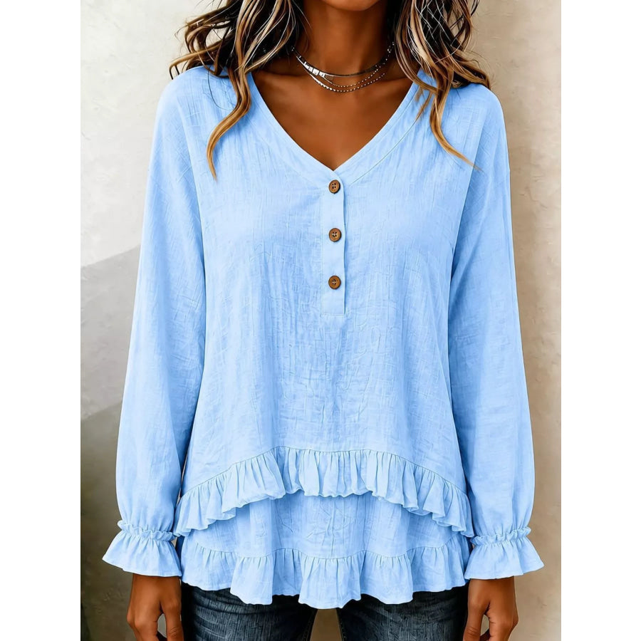 V-Neck Long Sleeve Button Detail Ruffled Hem Blouse Sky Blue / S Apparel and Accessories