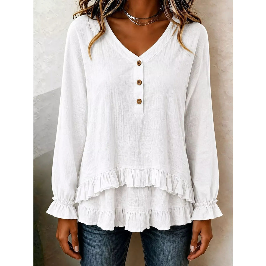 V-Neck Long Sleeve Button Detail Ruffled Hem Blouse White / S Apparel and Accessories