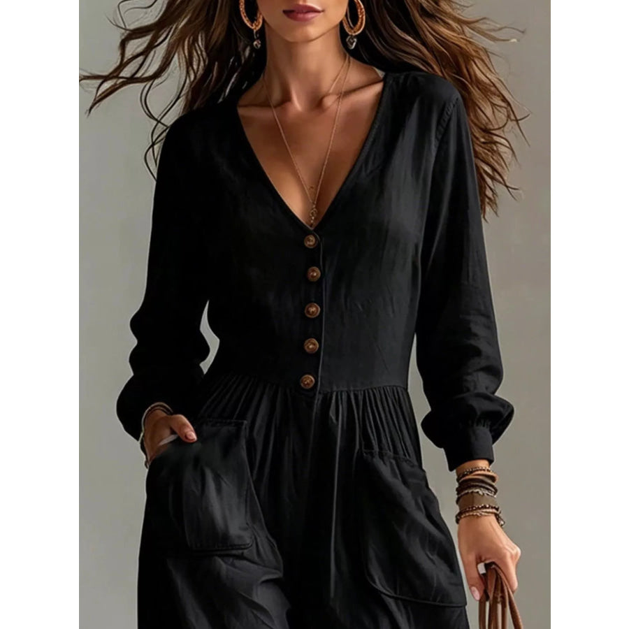 V-Neck Long Sleeve Button Front Wide-Leg Jumpsuit Apparel and Accessories