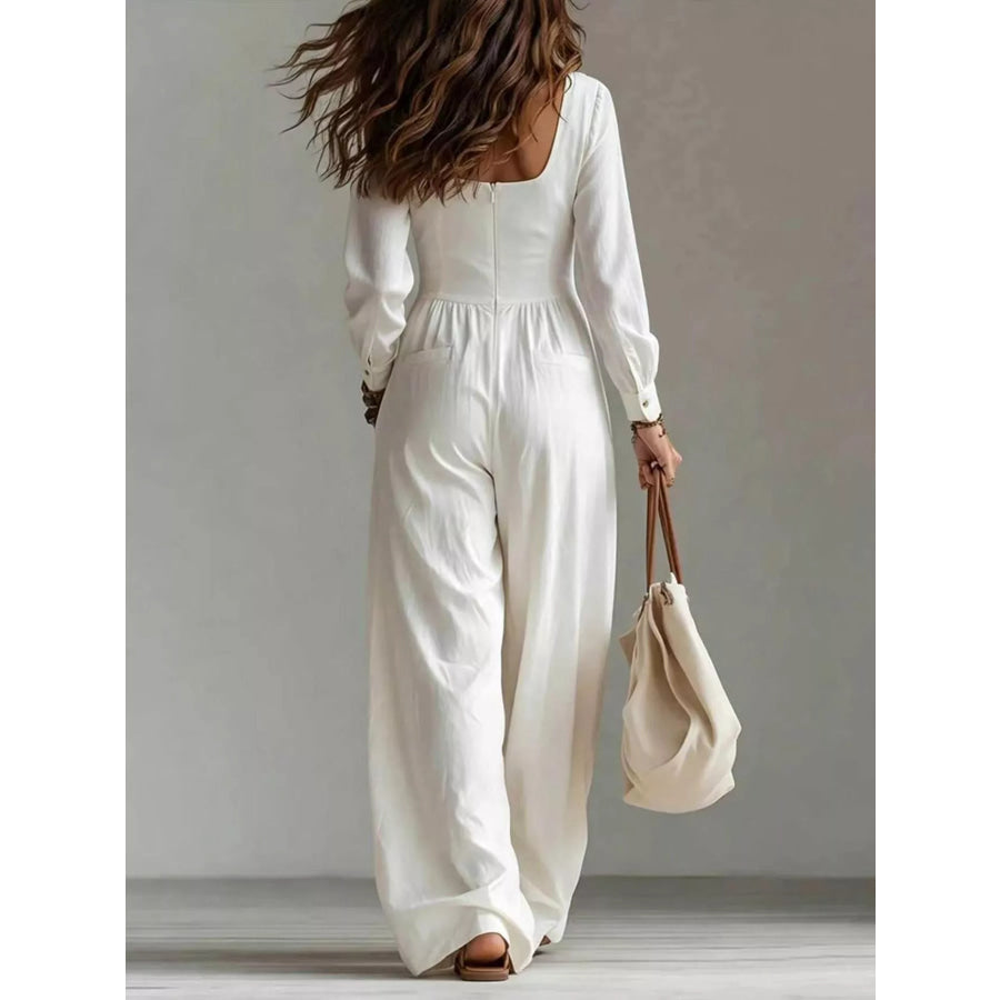 V-Neck Long Sleeve Button Front Wide-Leg Jumpsuit Apparel and Accessories