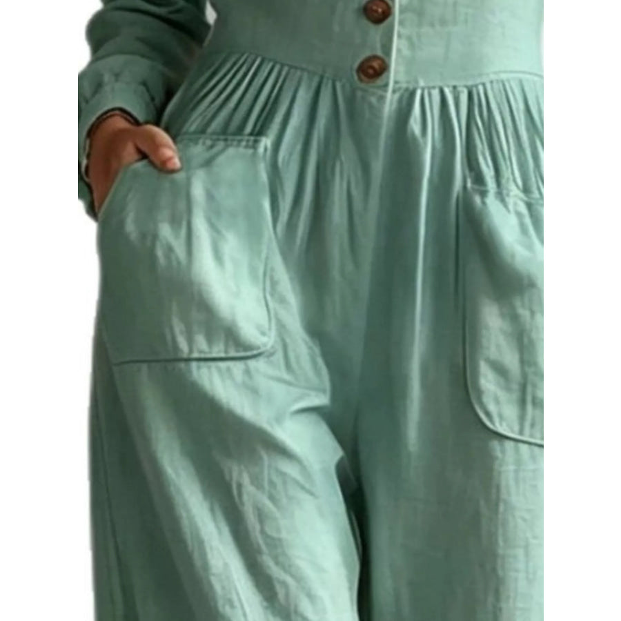 V-Neck Long Sleeve Button Front Wide-Leg Jumpsuit Apparel and Accessories