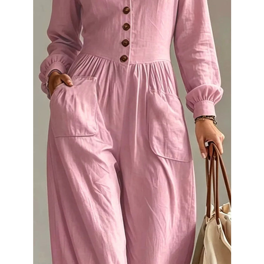 V-Neck Long Sleeve Button Front Wide-Leg Jumpsuit Apparel and Accessories