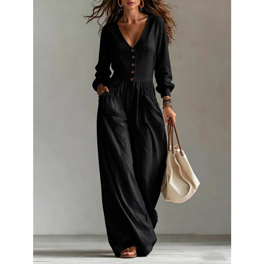 V-Neck Long Sleeve Button Front Wide-Leg Jumpsuit Black / S Apparel and Accessories