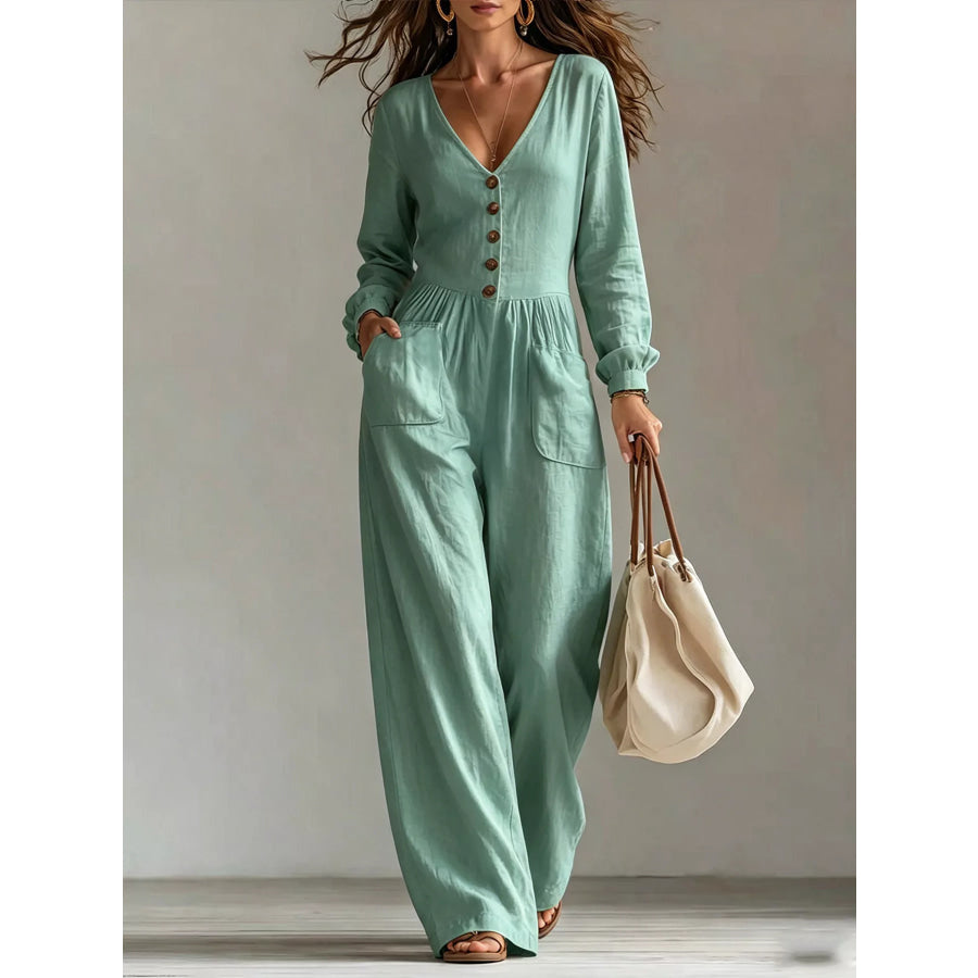 V-Neck Long Sleeve Button Front Wide-Leg Jumpsuit Green / S Apparel and Accessories