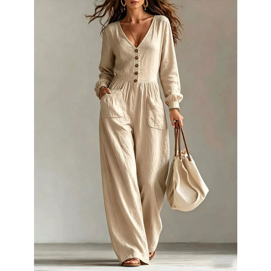 V-Neck Long Sleeve Button Front Wide-Leg Jumpsuit Khaki / S Apparel and Accessories