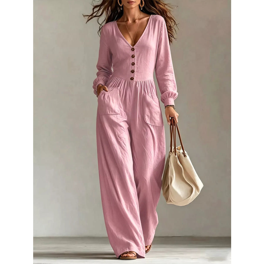 V-Neck Long Sleeve Button Front Wide-Leg Jumpsuit Pink / S Apparel and Accessories