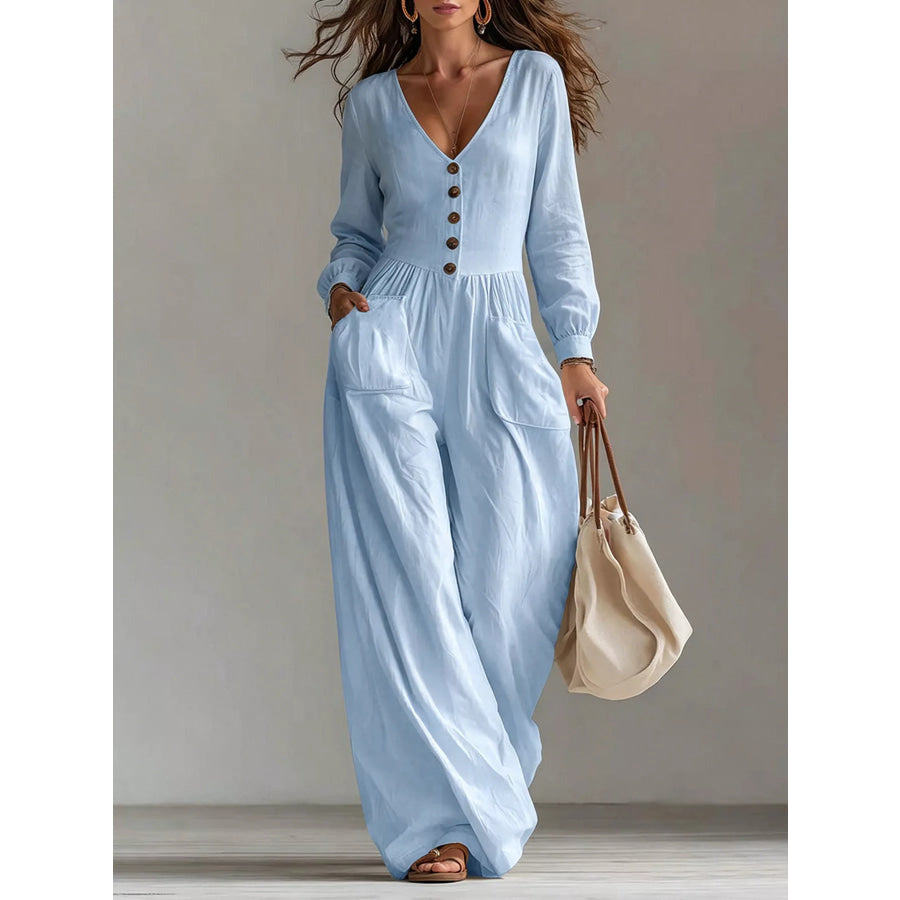 V-Neck Long Sleeve Button Front Wide-Leg Jumpsuit Sky Blue / S Apparel and Accessories