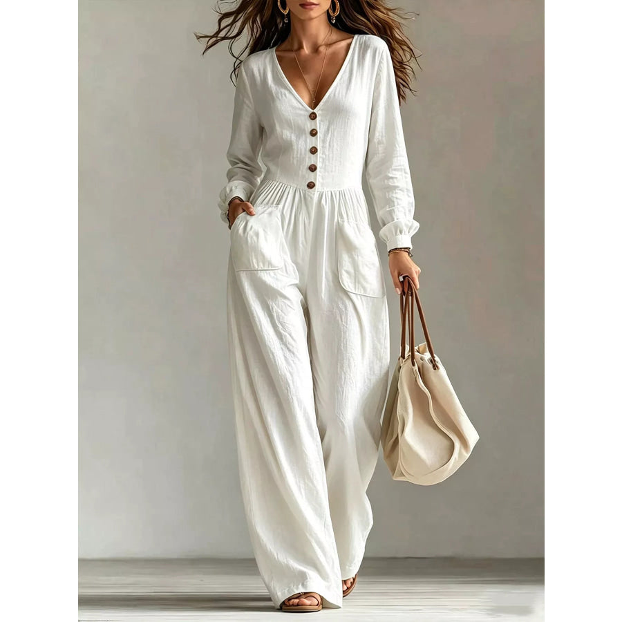 V-Neck Long Sleeve Button Front Wide-Leg Jumpsuit White / S Apparel and Accessories