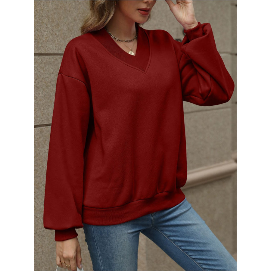 V-Neck Long Sleeve Dropped Shoulder Sweatshirt Apparel and Accessories