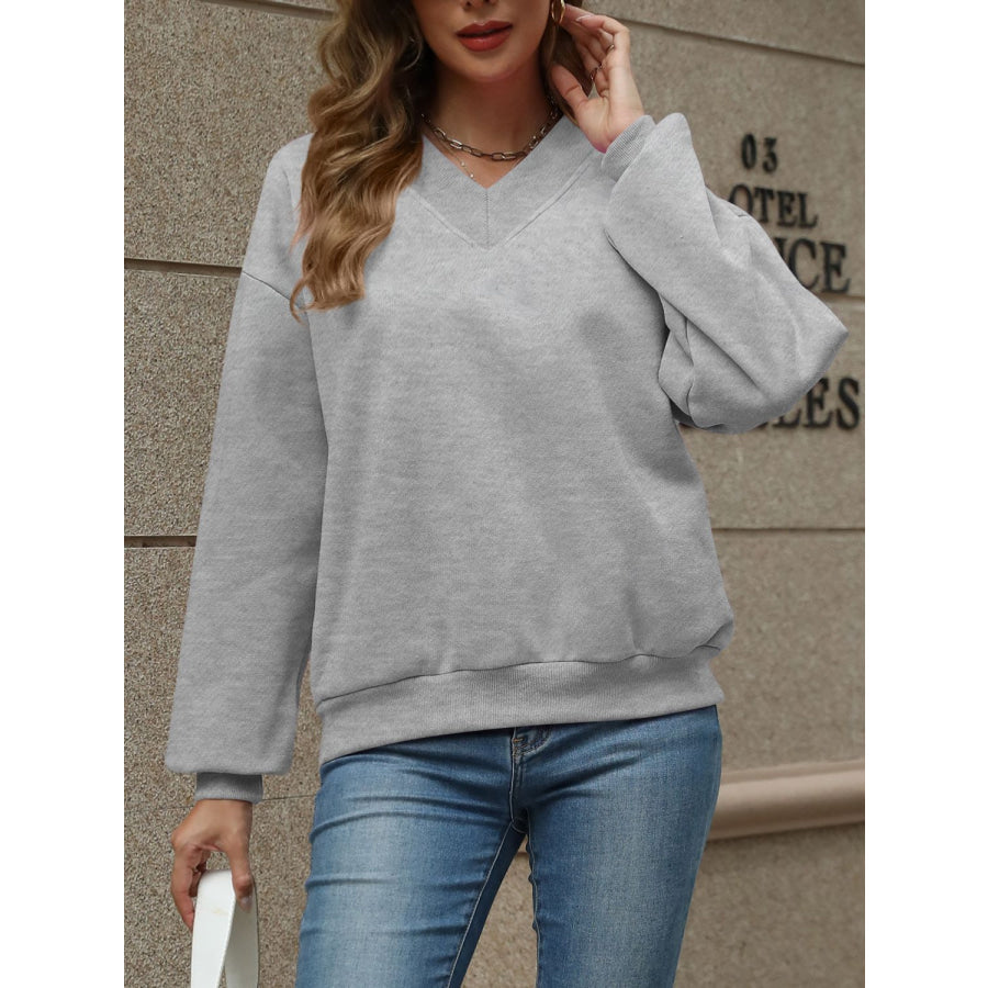 V-Neck Long Sleeve Dropped Shoulder Sweatshirt Apparel and Accessories