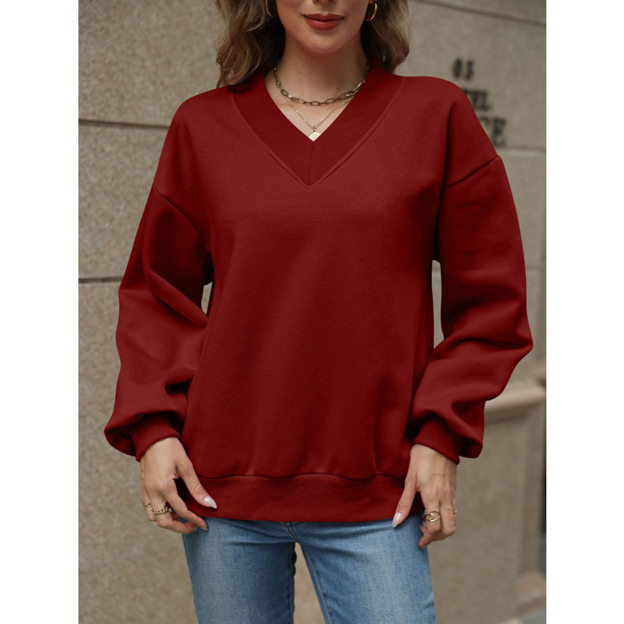 V-Neck Long Sleeve Dropped Shoulder Sweatshirt Apparel and Accessories