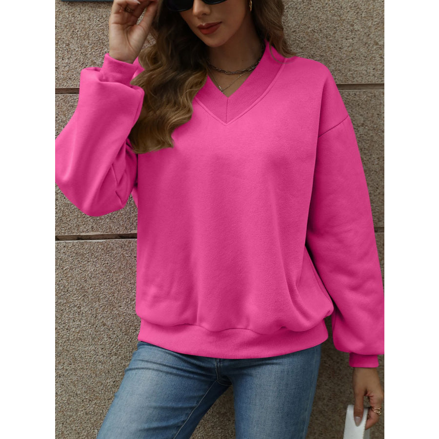 V-Neck Long Sleeve Dropped Shoulder Sweatshirt Apparel and Accessories