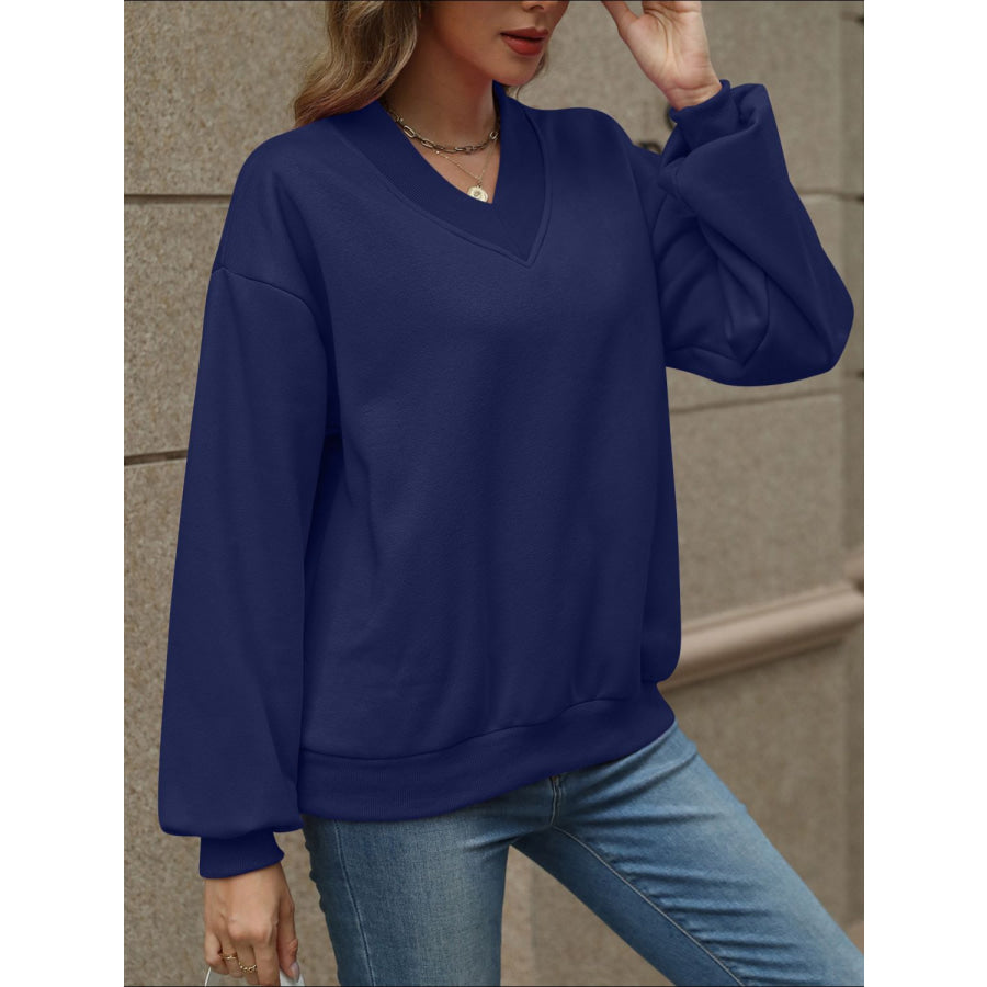 V-Neck Long Sleeve Dropped Shoulder Sweatshirt Apparel and Accessories