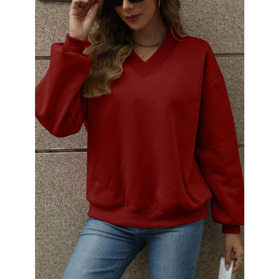 V-Neck Long Sleeve Dropped Shoulder Sweatshirt Apparel and Accessories