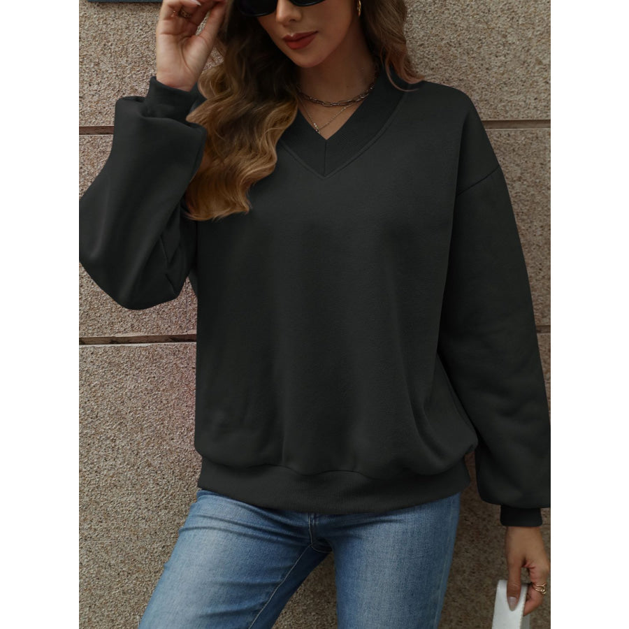 V-Neck Long Sleeve Dropped Shoulder Sweatshirt Apparel and Accessories