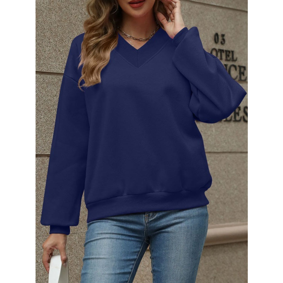 V-Neck Long Sleeve Dropped Shoulder Sweatshirt Apparel and Accessories