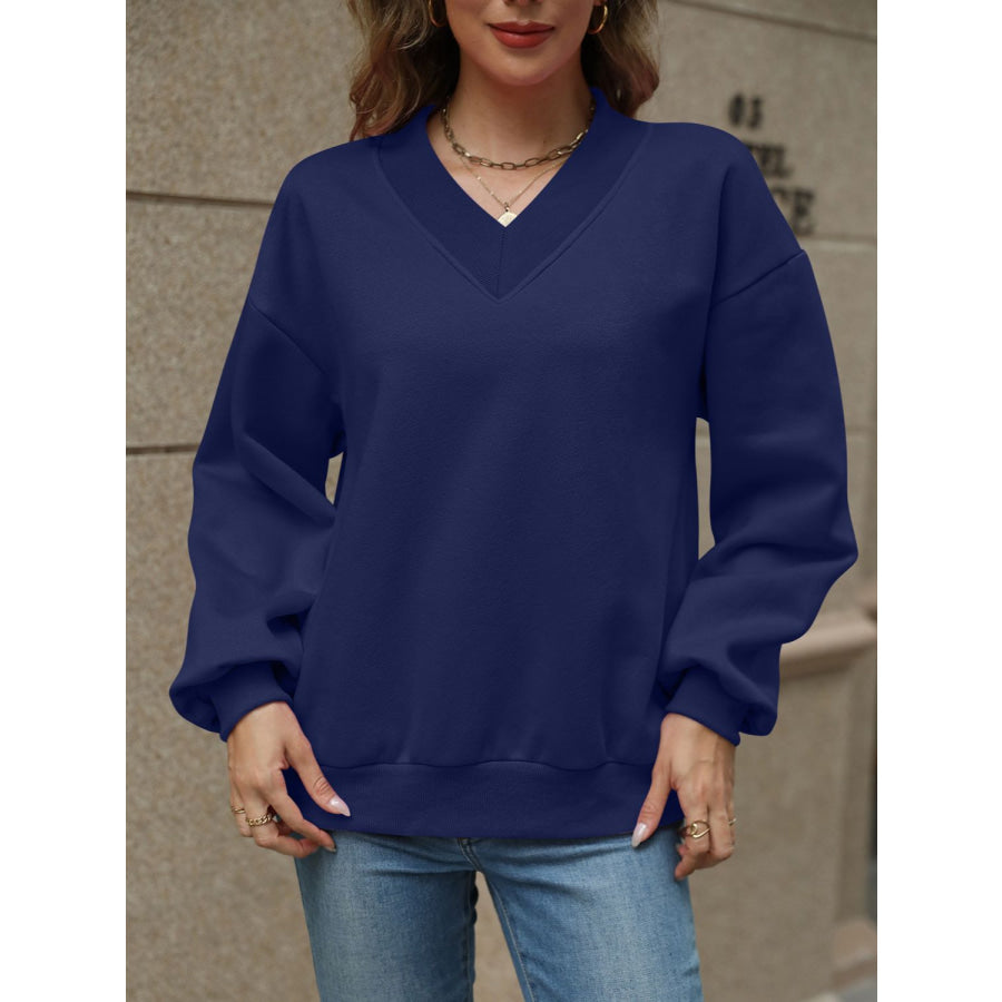 V-Neck Long Sleeve Dropped Shoulder Sweatshirt Apparel and Accessories