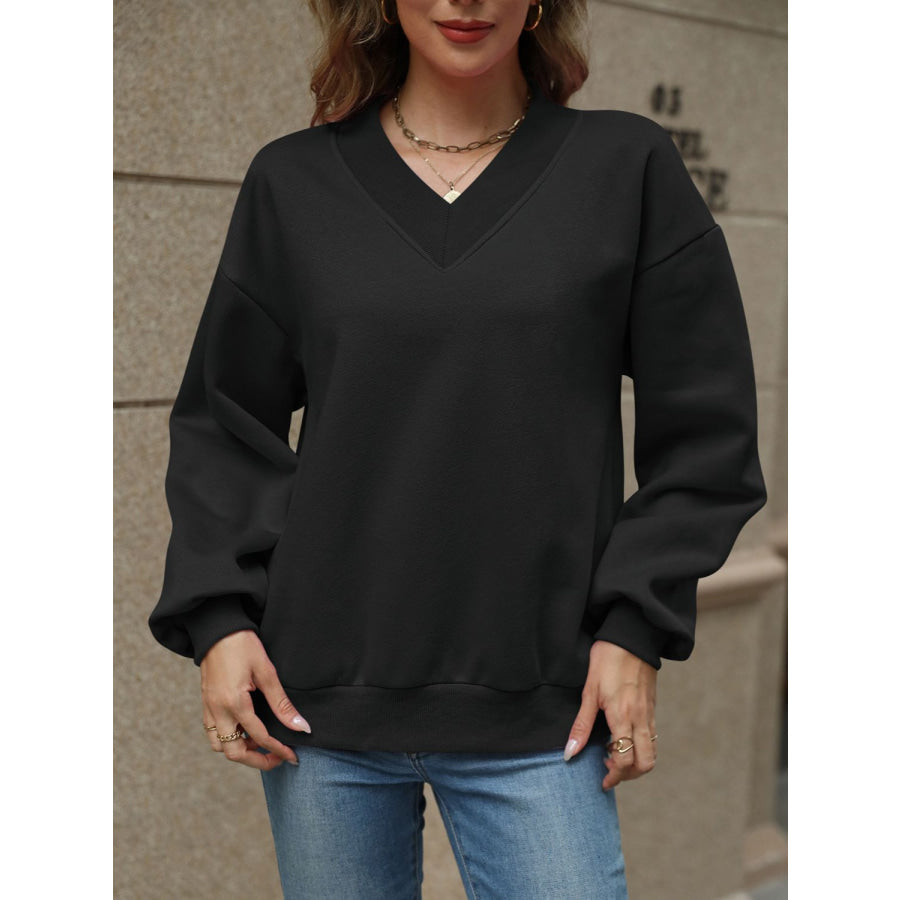 V-Neck Long Sleeve Dropped Shoulder Sweatshirt Apparel and Accessories