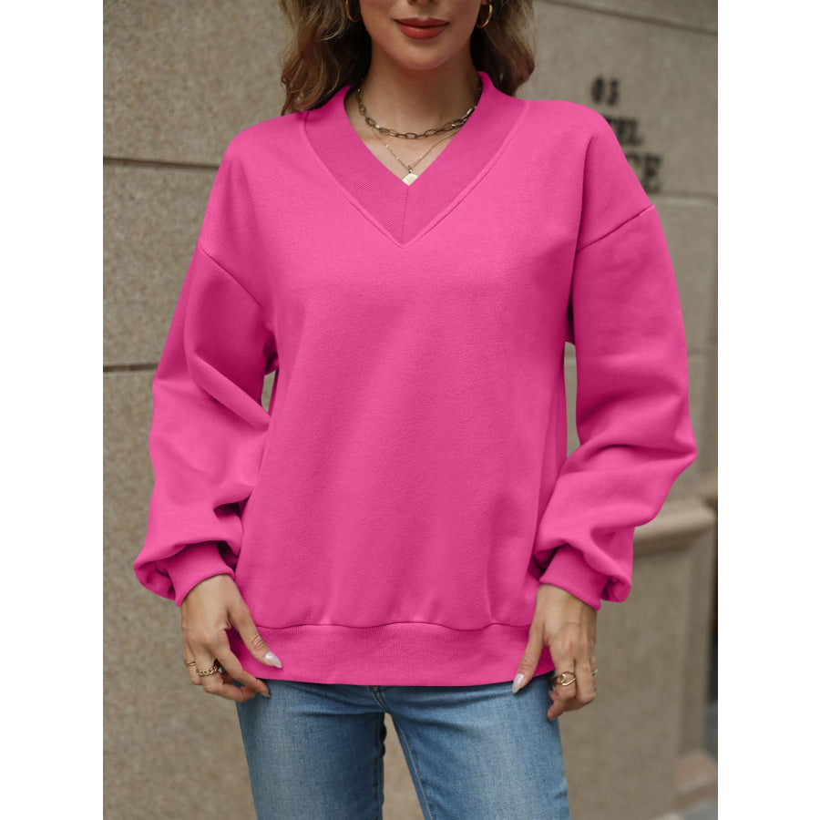 V-Neck Long Sleeve Dropped Shoulder Sweatshirt Apparel and Accessories