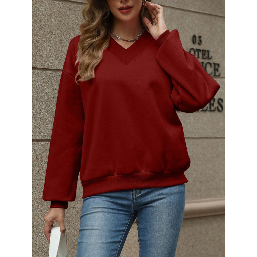 V-Neck Long Sleeve Dropped Shoulder Sweatshirt Apparel and Accessories