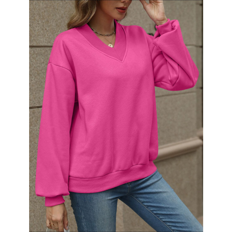 V-Neck Long Sleeve Dropped Shoulder Sweatshirt Apparel and Accessories