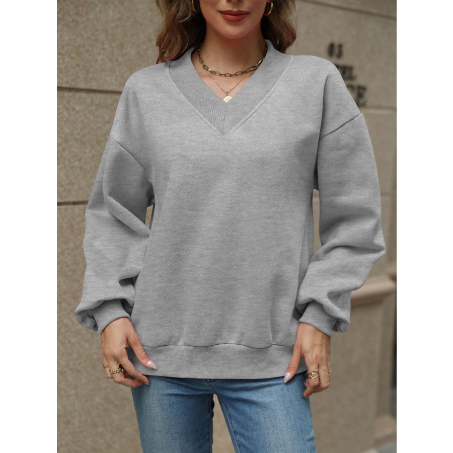 V-Neck Long Sleeve Dropped Shoulder Sweatshirt Apparel and Accessories