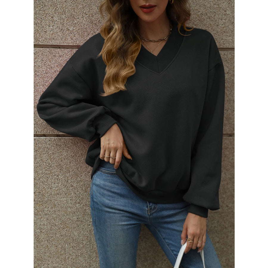 V-Neck Long Sleeve Dropped Shoulder Sweatshirt Black / S Apparel and Accessories