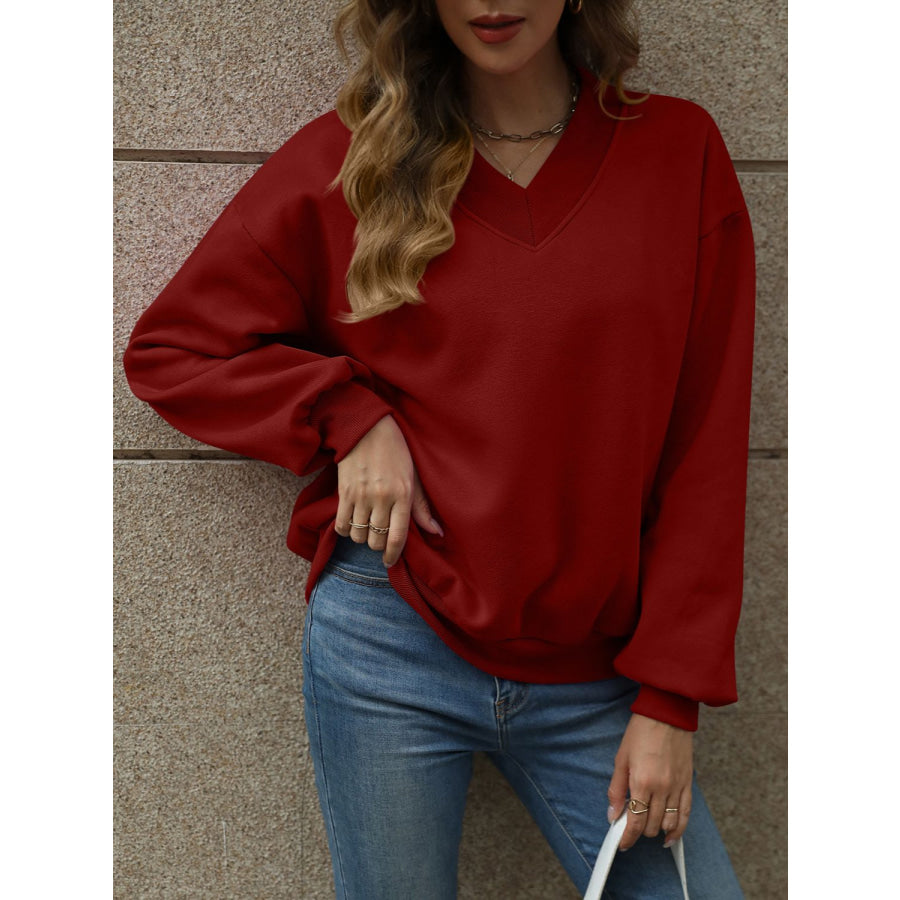 V-Neck Long Sleeve Dropped Shoulder Sweatshirt Burgundy / S Apparel and Accessories