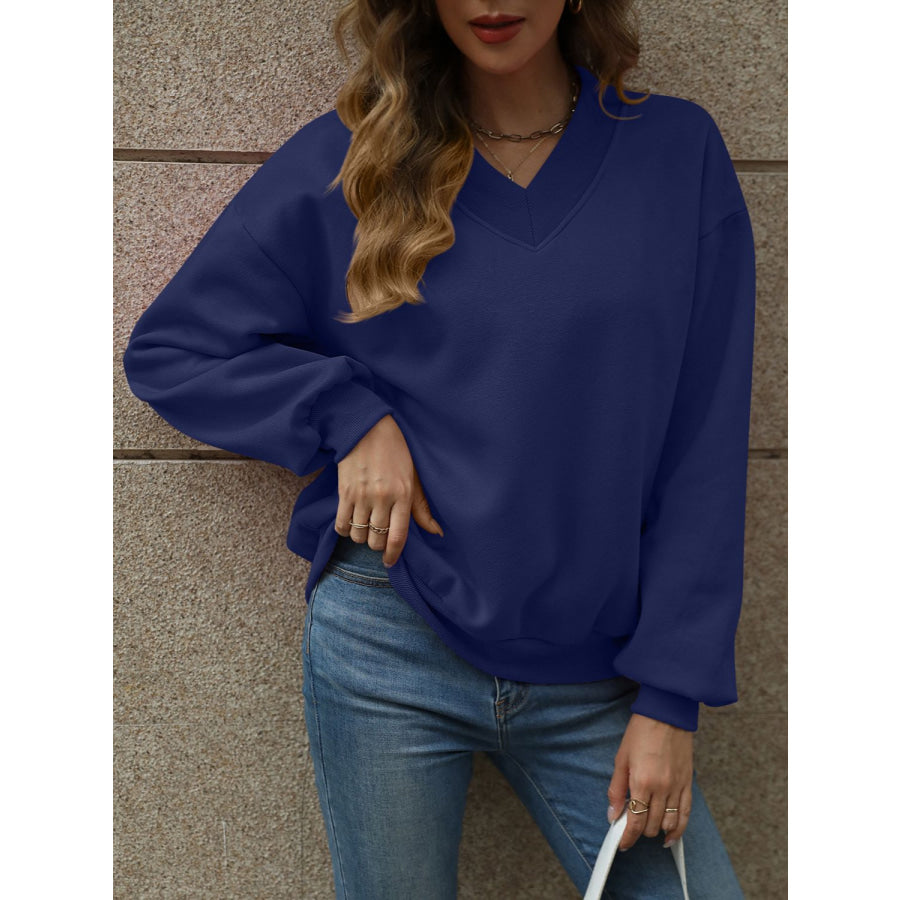 V-Neck Long Sleeve Dropped Shoulder Sweatshirt Dark Blue / S Apparel and Accessories