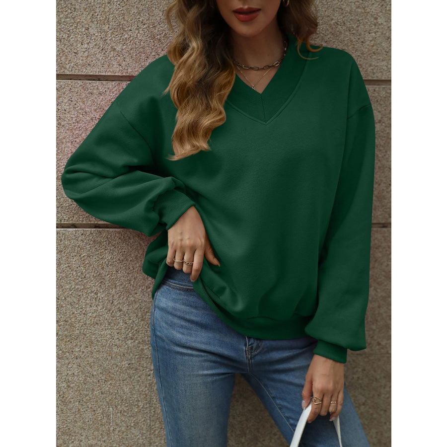 V-Neck Long Sleeve Dropped Shoulder Sweatshirt Dark Green / S Apparel and Accessories