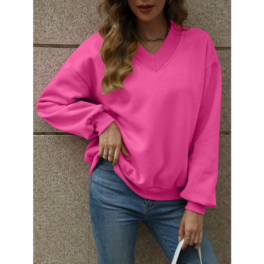 V-Neck Long Sleeve Dropped Shoulder Sweatshirt Fuchsia Pink / S Apparel and Accessories