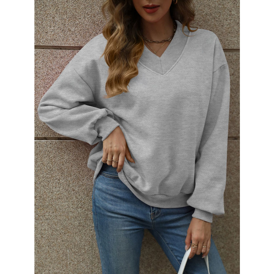 V-Neck Long Sleeve Dropped Shoulder Sweatshirt Light Gray / S Apparel and Accessories