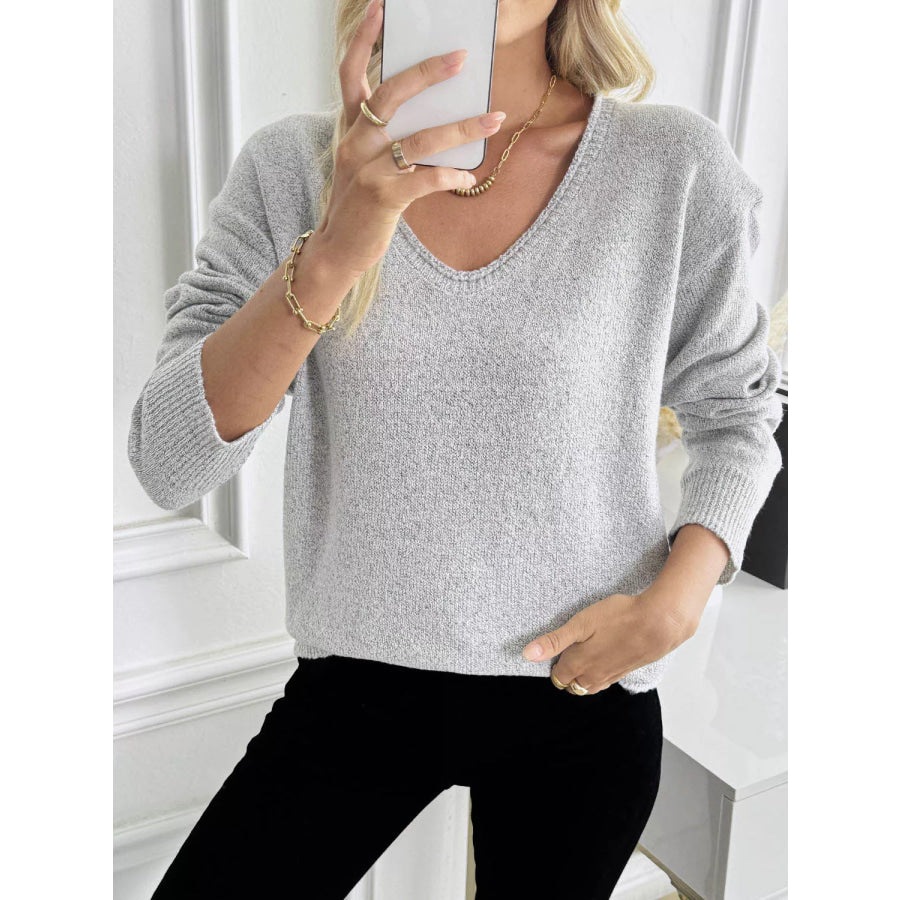 V-Neck Long Sleeve Knit Top Light Gray / S Apparel and Accessories