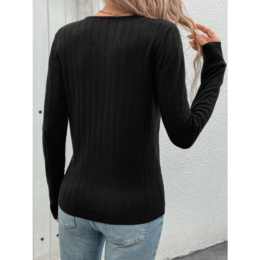 V-Neck Long Sleeve Knit Top Black / S Apparel and Accessories