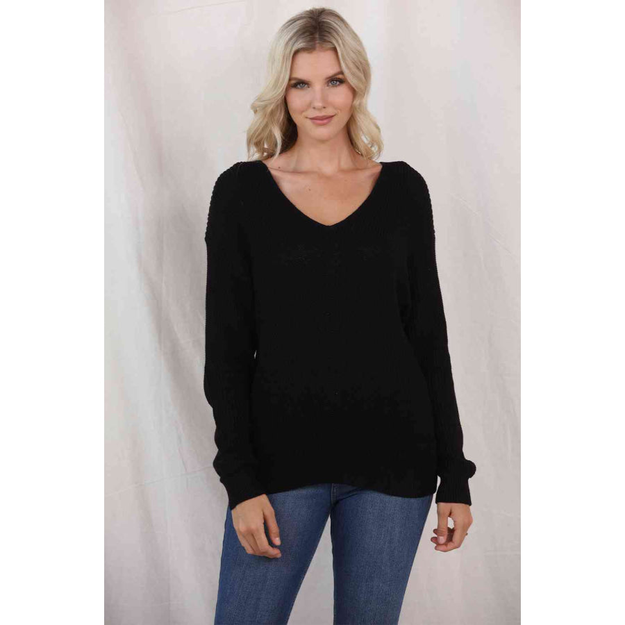 V - Neck Long Sleeve Knit Top Black / S Clothing