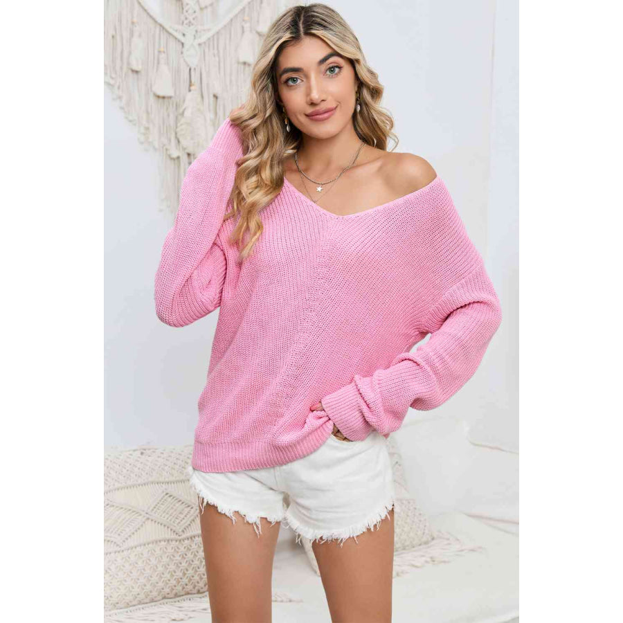 V - Neck Long Sleeve Knit Top Blush Pink / S Clothing