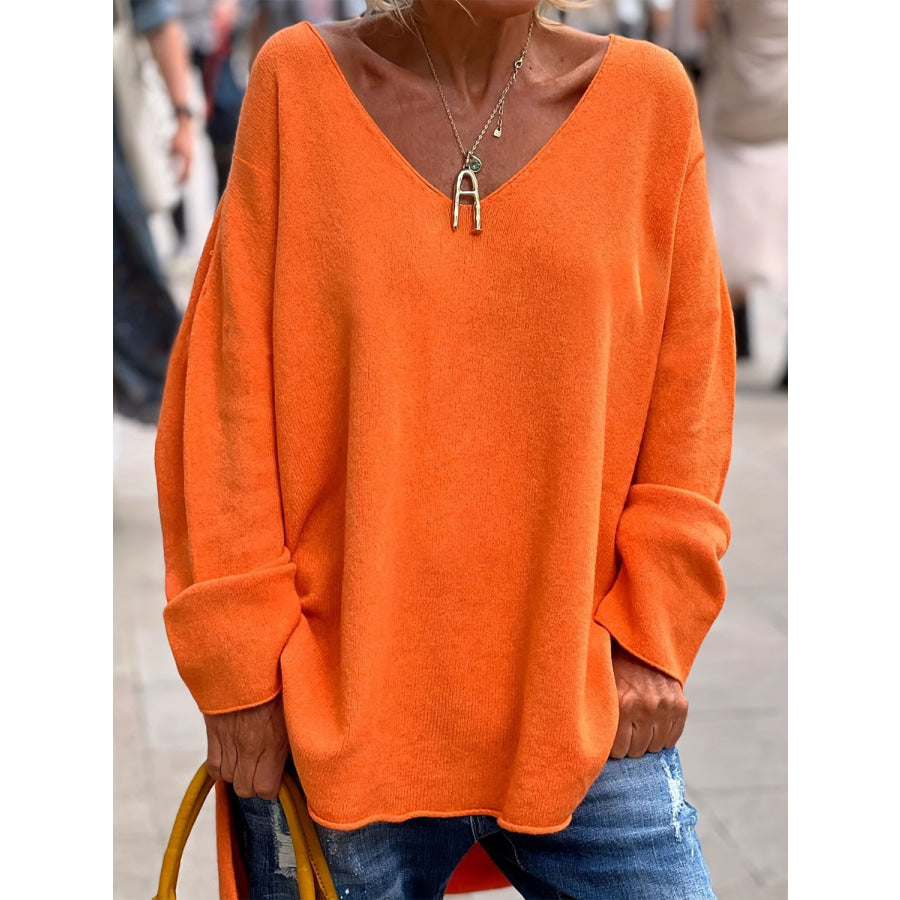 V-Neck Long Sleeve Knit Top Orange / S Apparel and Accessories