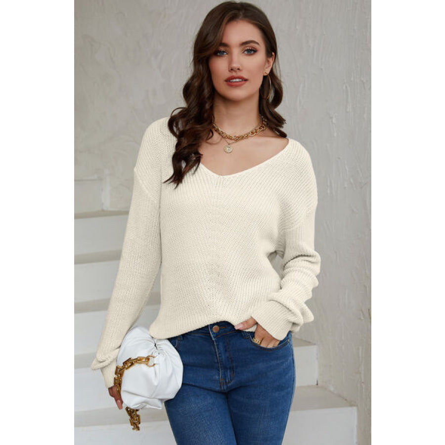 V - Neck Long Sleeve Knit Top White / S Clothing