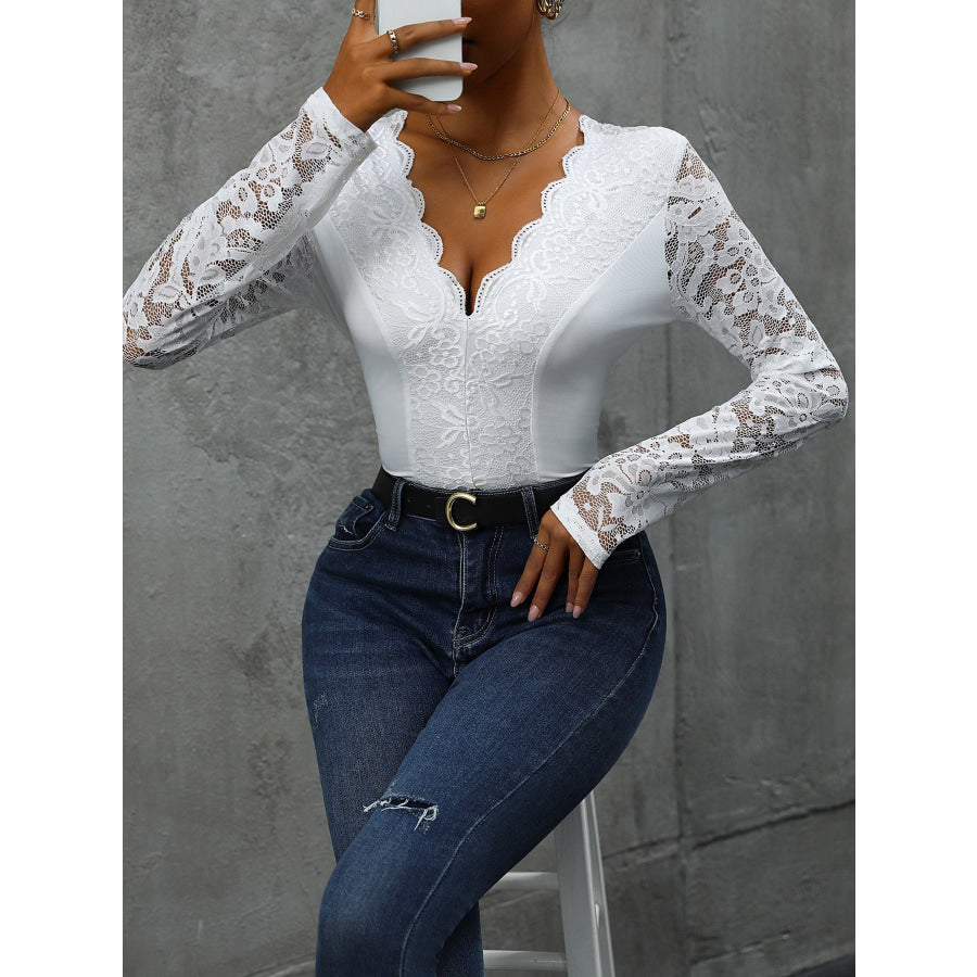 V-Neck Long Sleeve Lace Bodysuit Apparel and Accessories