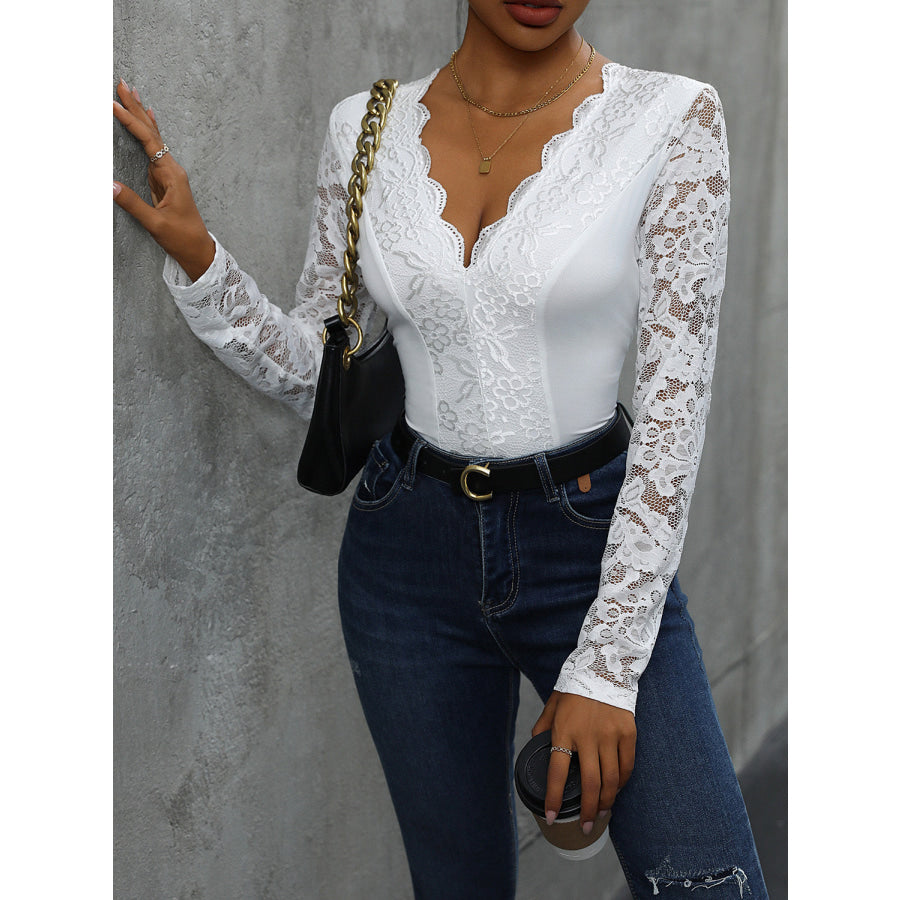 V-Neck Long Sleeve Lace Bodysuit Apparel and Accessories