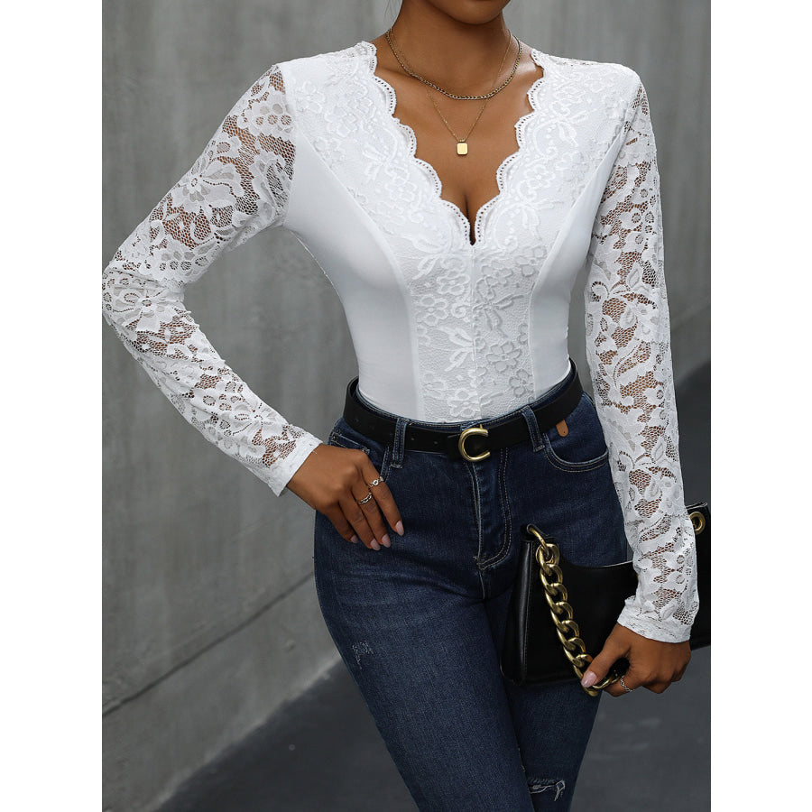 V-Neck Long Sleeve Lace Bodysuit Apparel and Accessories