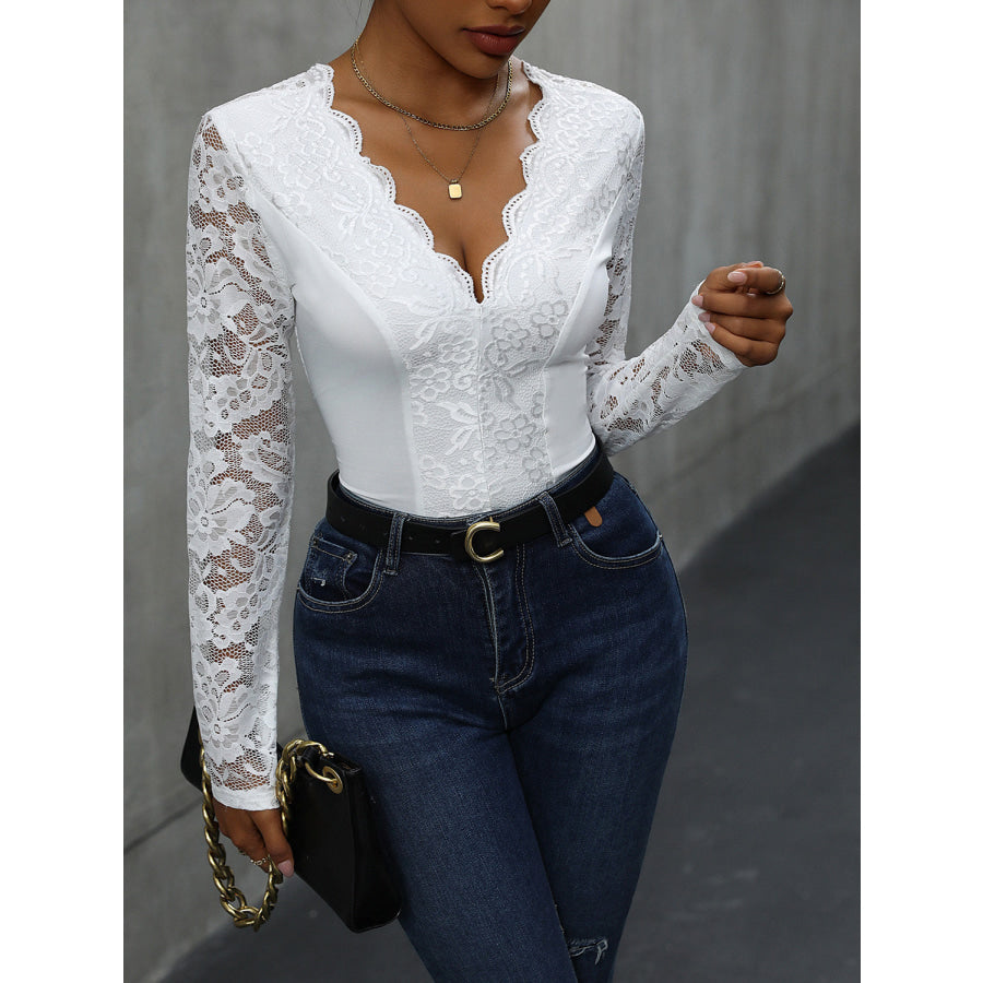 V-Neck Long Sleeve Lace Bodysuit Apparel and Accessories