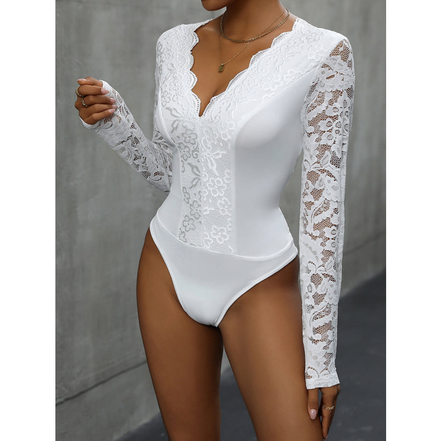 V-Neck Long Sleeve Lace Bodysuit White / S Apparel and Accessories