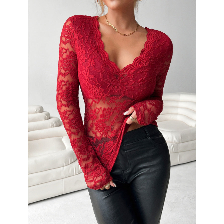 V-Neck Long Sleeve Lace Top Apparel and Accessories