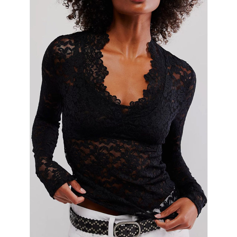 V-Neck Long Sleeve Lace Top Apparel and Accessories