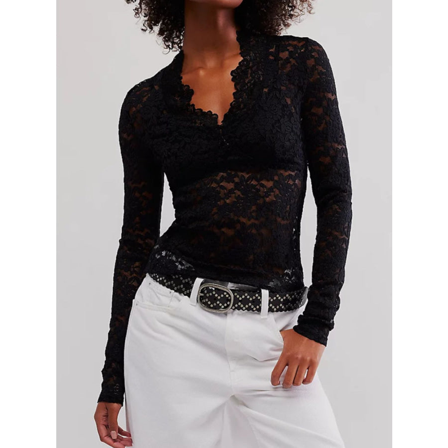 V-Neck Long Sleeve Lace Top Apparel and Accessories