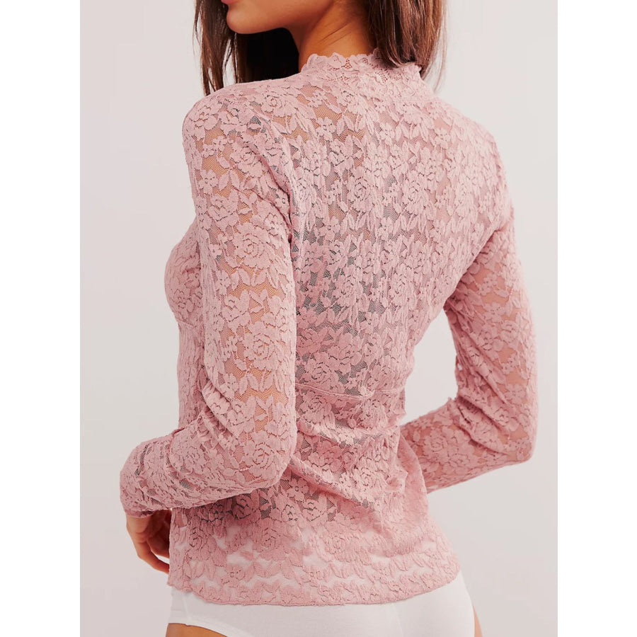 V-Neck Long Sleeve Lace Top Dusty Pink / S Apparel and Accessories